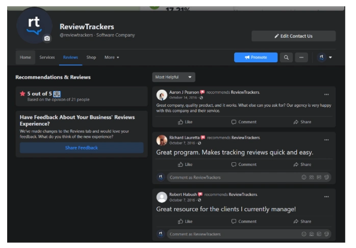 reviewtracker facebook页面上的评论页面截图