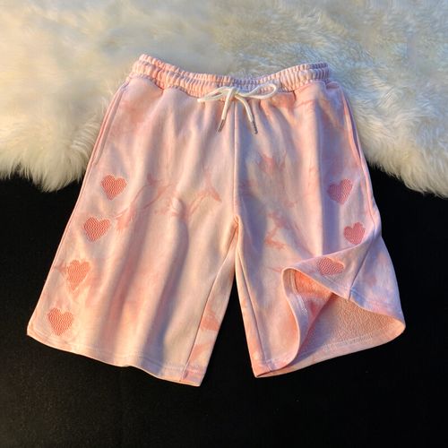 蝉枫运动短裤男女夏宽松直筒阔腿情侣甜酷扎染五分花裤子ins潮5 粉色