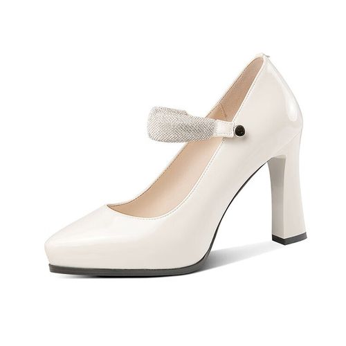 高跟鞋女真牛皮新款漆皮一字扣欧美单鞋尖头玛丽珍女鞋超高跟 白色 34