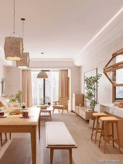 出现最多的就是深浅不一的原木色,所以同色系的窗帘配色也是不错的