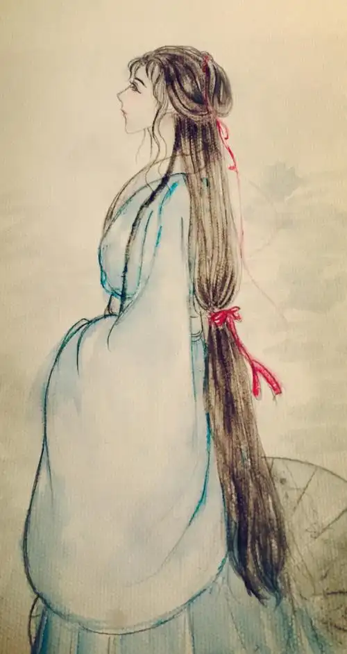 手绘古风女子蓝衣