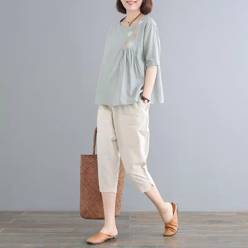 95棉大码两件套2020夏装新款韩版宽松刺绣洋气仿棉麻休闲套装女潮