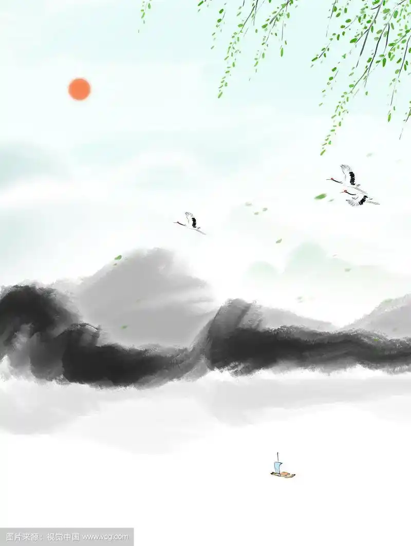 春天柳树湖光山色水墨风景画