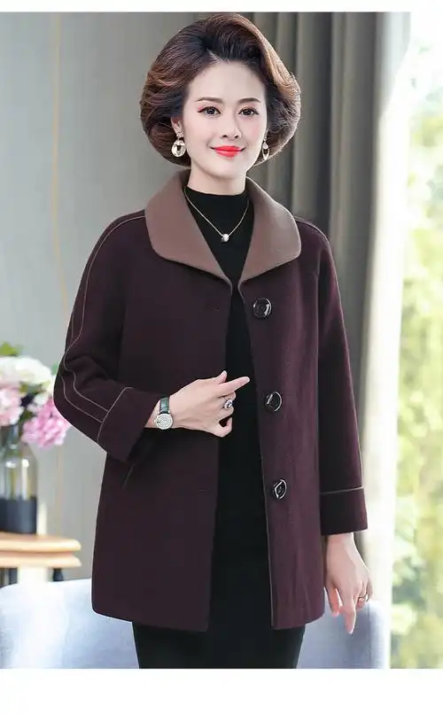 七斓女士大衣 七斓中老年秋装女毛呢外套新款50岁洋气高贵短款中年