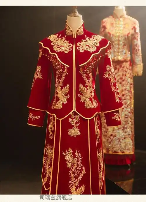 中式结婚礼服新娘新郎唐装秀禾服长袖新款女嫁衣龙凤褂婚服情侣套装