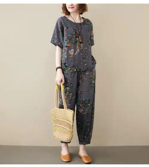 素订棉麻夏装棉麻套装女宽松遮肉民族风休闲亚麻两深灰色m