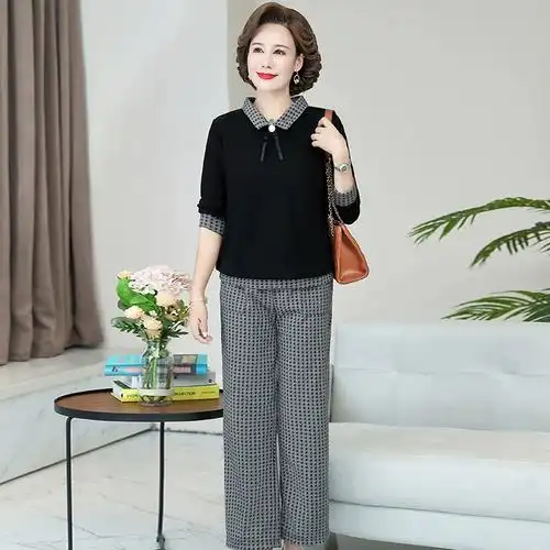 气质时尚长袖中老年女装套装妈妈秋装2021新款小衫春秋洋气两件套
