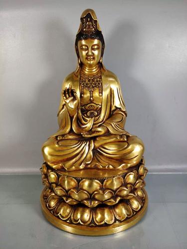 书房佛堂供奉老件纯铜紫铜鎏金坐佛莲花座普渡四海观世音金像摆件