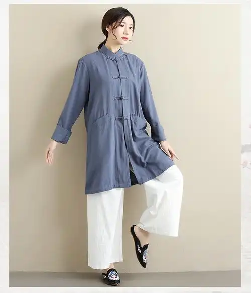 中长款太极服女上衣中式立领棉麻外套宽松休闲武术服装春秋季风衣