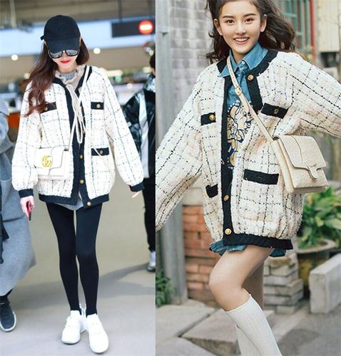女装一件代发明星唐嫣宋祖儿同款衣服秋冬小香风格子粗花呢外套