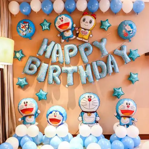 儿童生日装饰场景布置男孩宝宝机器猫气球