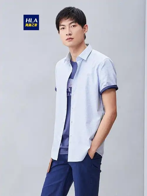 hla/海澜之家时尚格纹短袖衬衫2019夏季新品肌理感短衬男