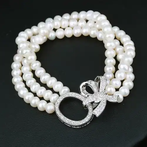 多层天然珍珠925银微镶时尚丝带蝴蝶结圈短项链 青岛珍珠饰品批发