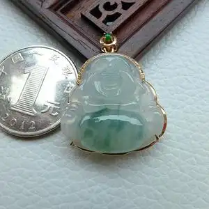 翡翠佛公吊坠冰飘花18k金镶缅甸玉天然翡翠老坑a货女玉佩翡翠玉佛