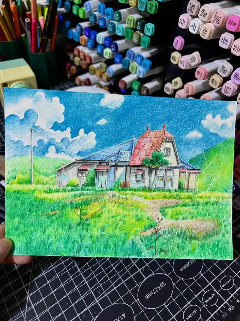 彩铅风景画教程 | 彩铅宫崎骏动漫风景#跟着抖音学画画 #一 - 抖音