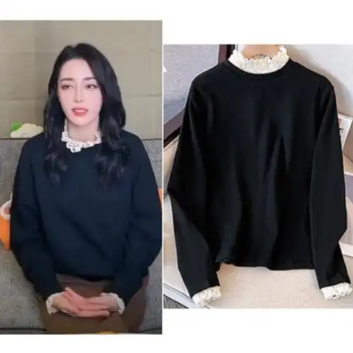 迪丽热巴明星同款2023秋冬韩新时尚宽松套头蕾丝拼接上衣卫衣外套