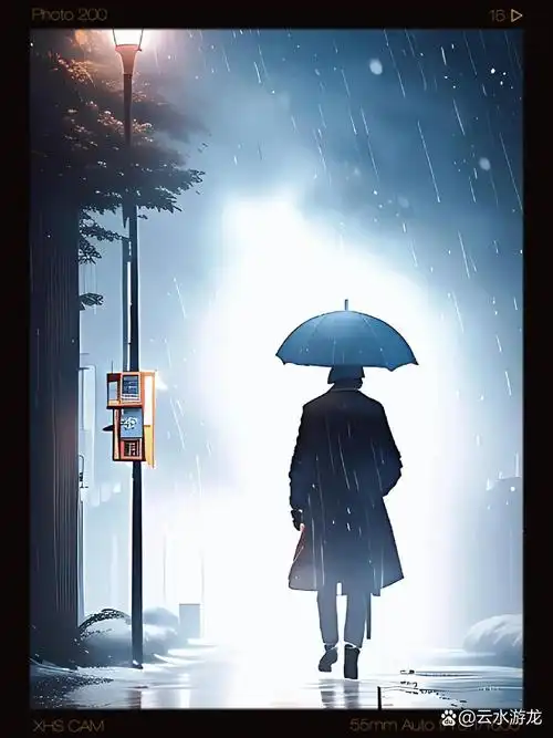 背影 一个打着伞的孤独男人, 走在夜幕降临的小路上, 天空下着小雨