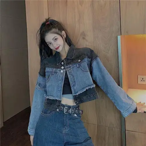 新款宽松慵懒风百搭短款时尚polo领长袖牛仔外套女装 下摆橡皮筋外套