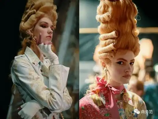 这个发型经常在秀场上被重现,超过30cm高的假发,加上卷发和垂下的发髻