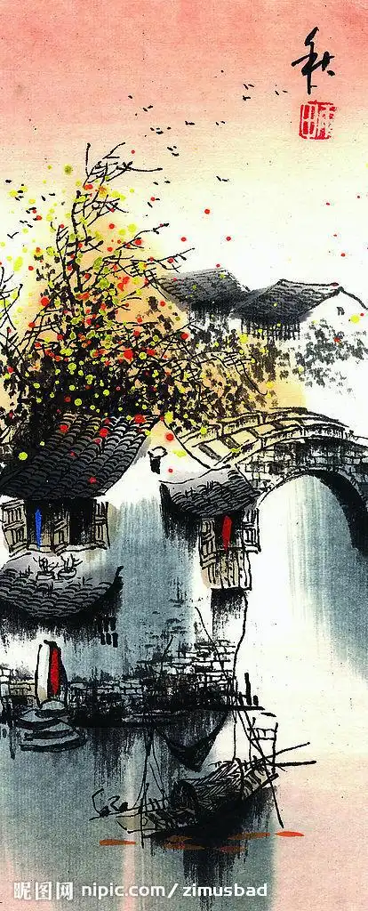 烟雨江南水墨画