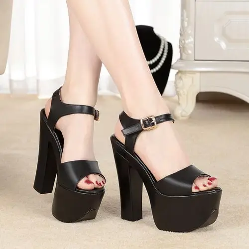 15cm超高跟防水台走秀模特凉鞋旗袍表演女鞋真皮鱼嘴粗跟女凉鞋