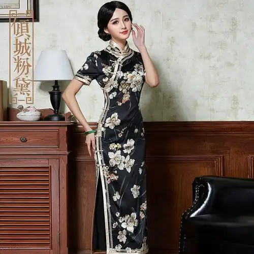 倾城粉黛高端可定制新款改良时尚真丝长款旗袍桑蚕丝日常优雅轻奢