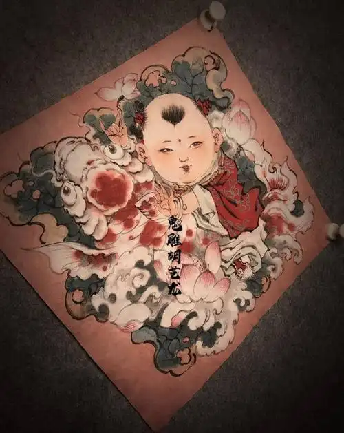 新年年画福娃纹身图片_新传统水墨人物中国风手稿纹身图案