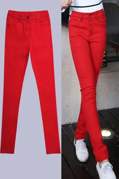 红色牛仔裤女高腰春夏修身显瘦小脚铅笔裤韩版休闲纯色大码长裤 - 水