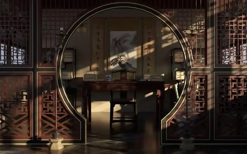 中国古代宫廷建筑场景模型室内书房特写