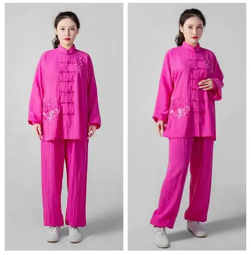 太极服棉麻女春秋季武术服团体表演服演出服亚麻棉太极拳练功服套装乳