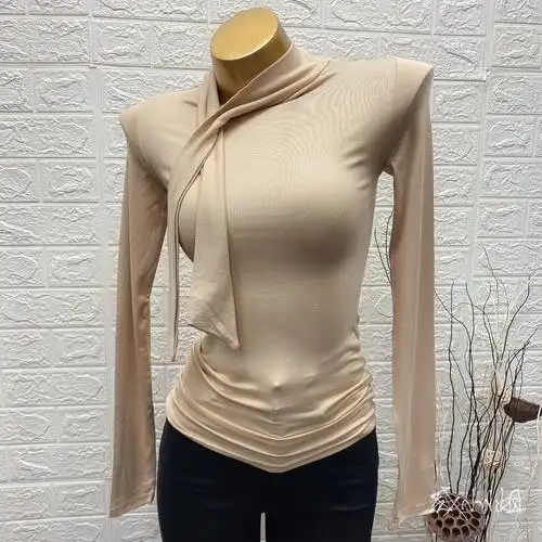 现货韩国东大门女装十足女人味半高领绑带设计微透打底衫t恤ins