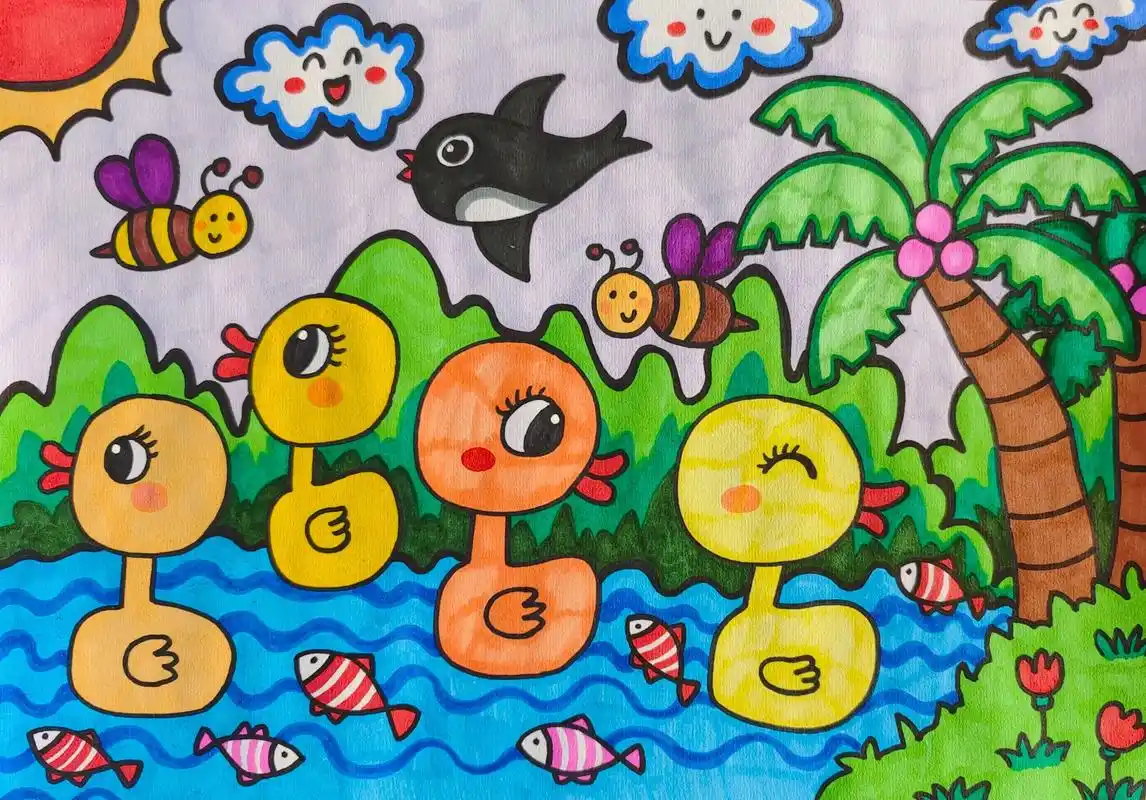 儿童画春天小鸭子48岁春天主题儿童画