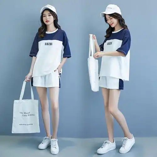 棉质夏季学院风运动套装女初中体考跑步班服短裤短袖t恤女两件白色