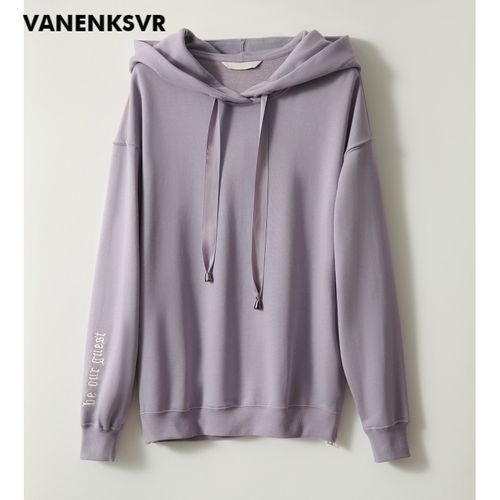 连帽卫衣女 标配色系 好搭刺绣棉质毛圈料 侧边开衩 百搭上衣 灰紫色