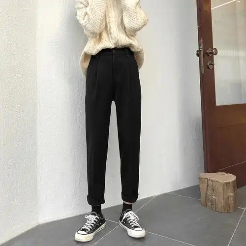 毛呢小脚萝卜裤女冬 高腰