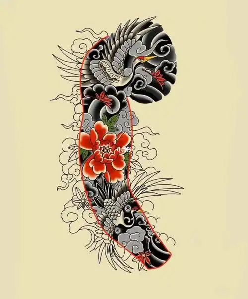 仙鹤半甲花臂纹身素材