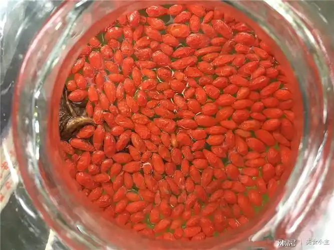 酒坛里泡的枸杞,色彩诱人.