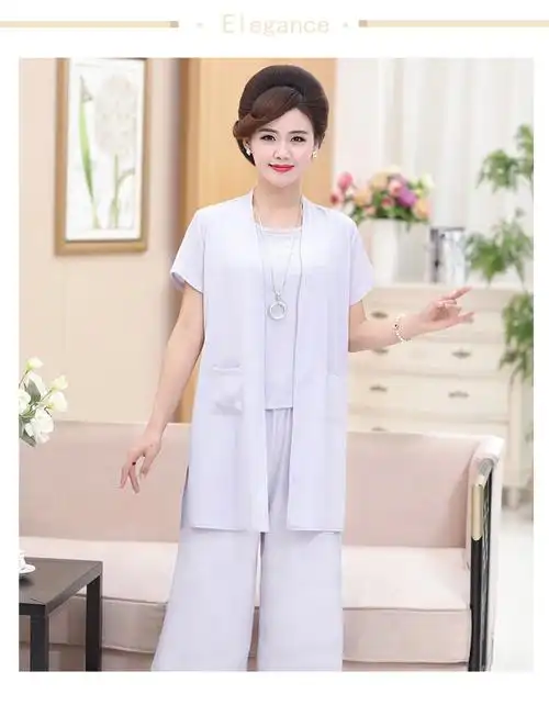 诺婔2018新款妈妈装夏装阔腿裤三件套中年女装40-50套装中老年服装