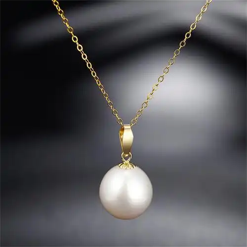欧慕珠宝18k金女士锁骨链天然淡水珍珠吊坠项链白色910mm单颗简单百搭