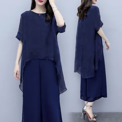 凡摩乔2024阔腿裤休闲时尚套装女夏季显瘦两件套裤短袖上衣 藏青色