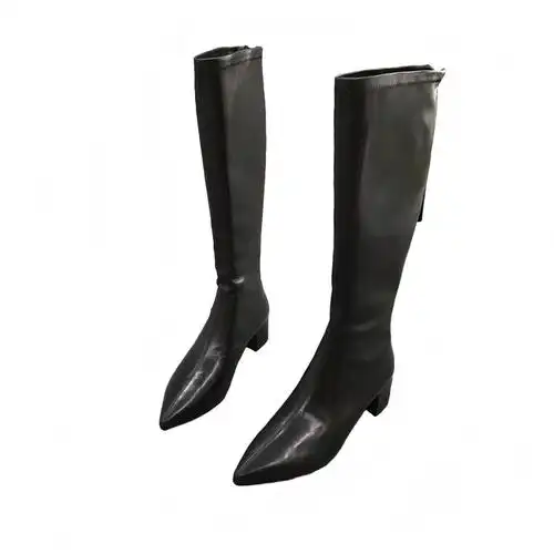 欧洲站2021秋冬真皮尖头低跟高靴拉链长筒瘦瘦马丁靴