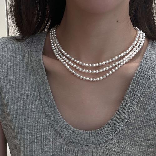 复古三层珍珠项链s925纯银镀金扣5mm施家珍珠【长度可定制】