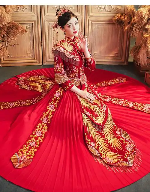 秀禾服新娘新款婚纱中式新娘服中国风结婚秀禾古装嫁衣刺绣金凤凰2xl