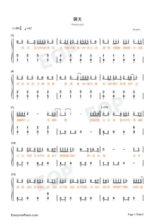 阴天简单版莫文蔚双手简谱预览1