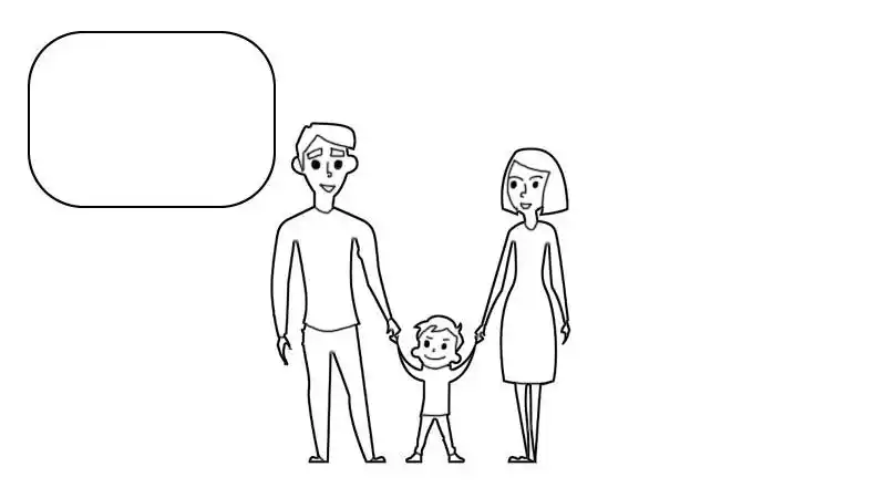 1,首先画出手牵手的一家三口,左边画上写作框.