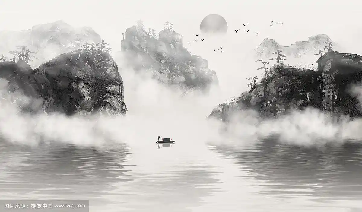 手绘中国风意境水墨山水风景画