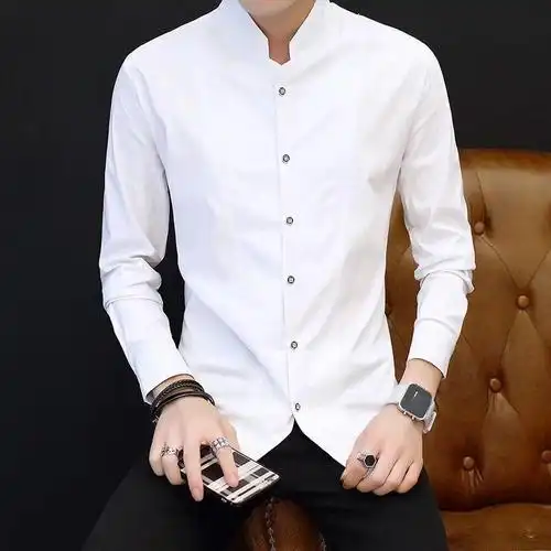 衬衫男长袖长袖恤男士弹力青年上衣服修身秋季外穿外套盘扣白色s体重