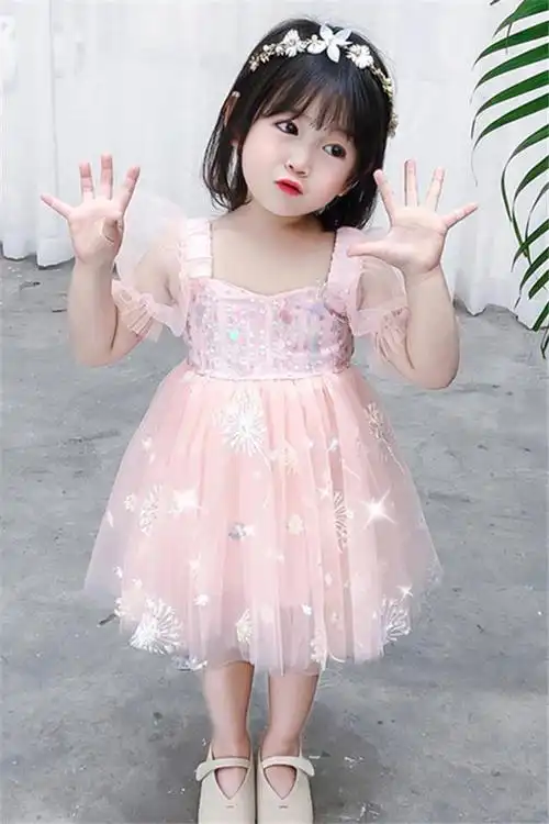 女童新款连衣裙小女孩洋气粉色3岁网纱蓬蓬裙女宝夏装超仙公主裙