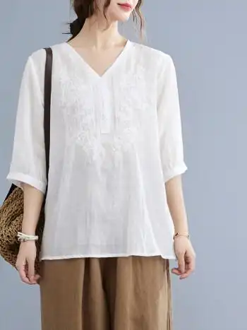 复古夏季五分袖棉麻t恤宽松显瘦v领刺绣中年妈妈女士上衣针织白色2xl