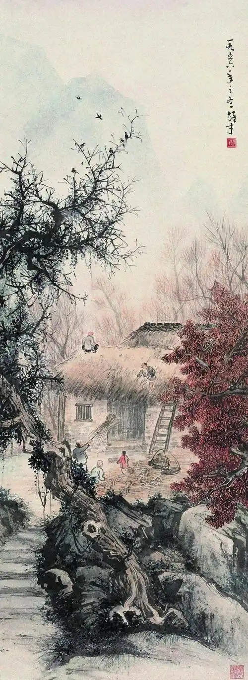 黎雄才画的农家小院山乡风情绕纸上